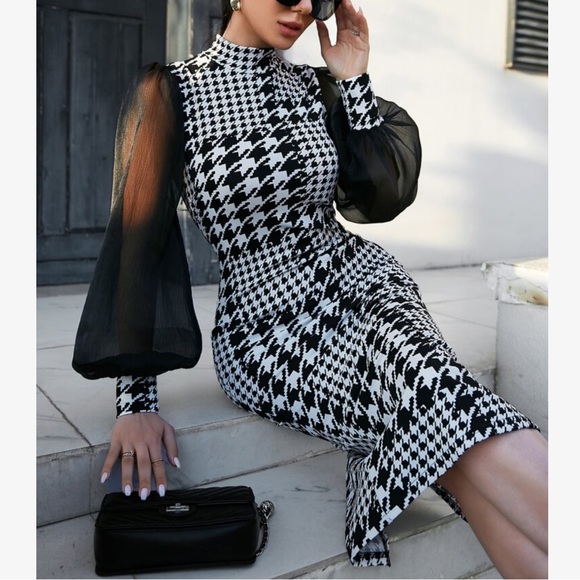 Elegant Classic Houndstooth Mesh Puff Long Sleeve Slit Back Bodycon Pencil Dress - Picture 6 of 10